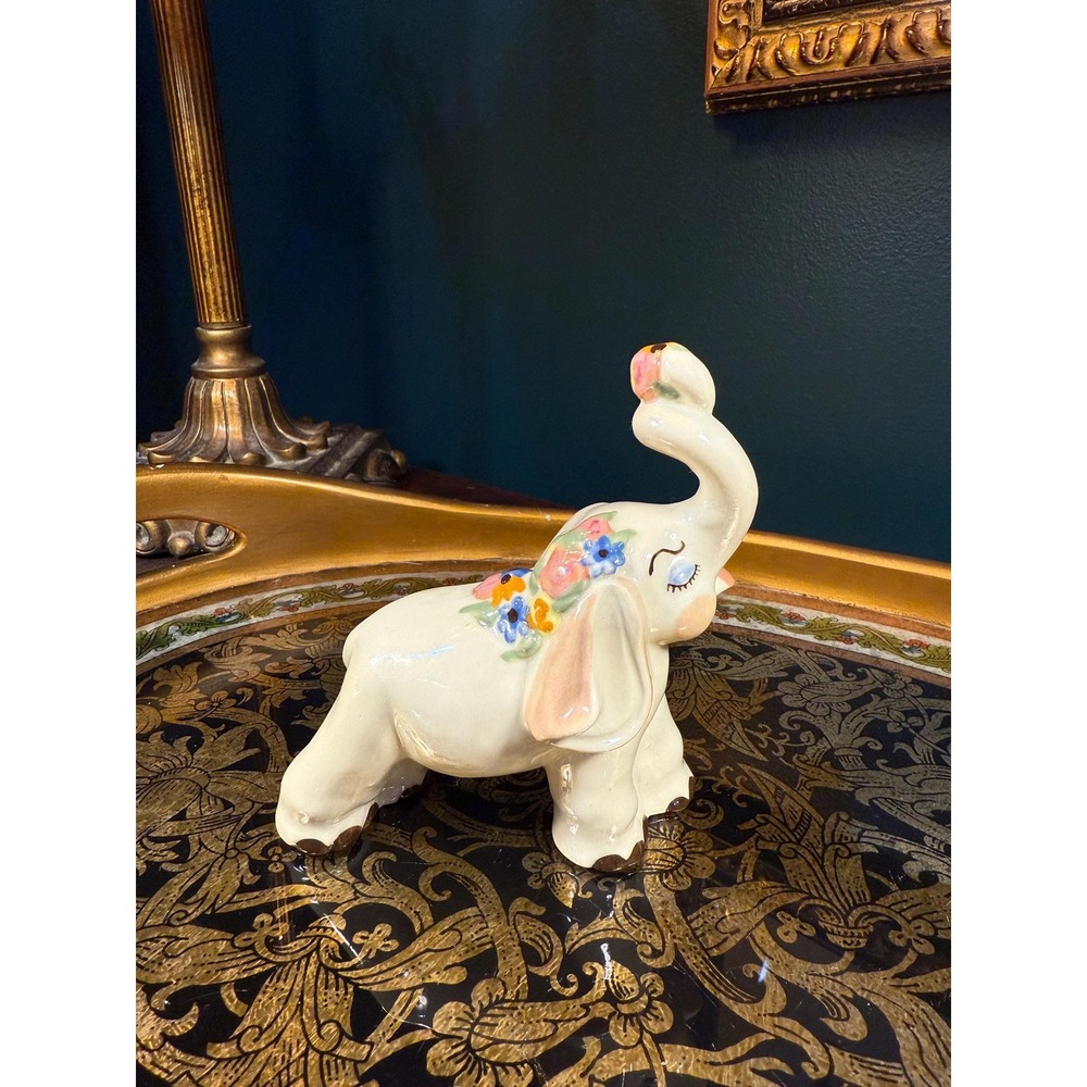 Vintage Mid-Century Ceramic‎ Elephant Figurine – Hand Painted Floral, 4.75" Tall